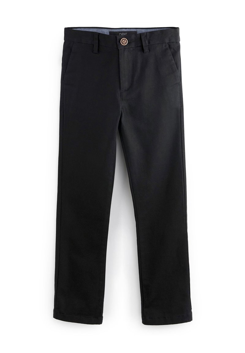 Pantalons noirs à jambes droites en tissu lisse, dotés d'un fermoir à un bouton et de deux poches latérales. Conçus pour un ajustement classique.