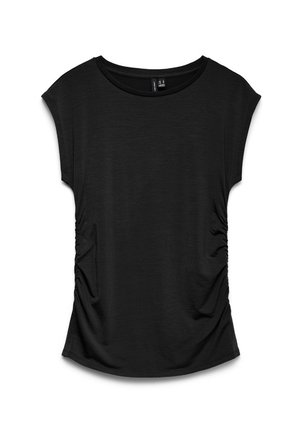 Črna ženska majica s kratkimi rokavi, okroglim izrezom in nabranimi gubami na obeh straneh.