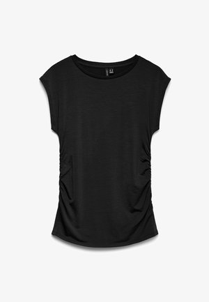 Črna ženska majica s kratkimi rokavi, okroglim izrezom in nabranimi gubami na obeh straneh.