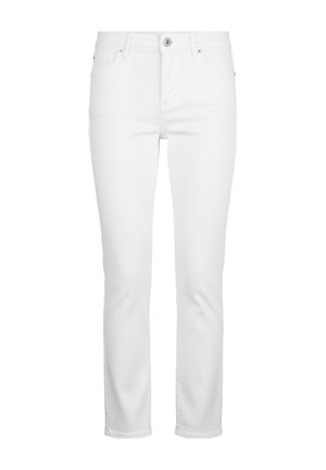 Jean blanc slim avec fermeture à boutons et fermeture éclair, poches avant et arrière, présenté sur un fond blanc uni.