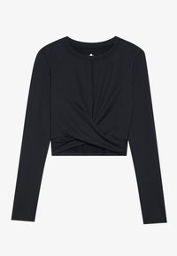 Čierny dlhý rukáv crop top vyrobený z hladkej látky, s detailom skrúteného predného panelu a priliehavým strihom. Jednoduchý okrúhly výstrih.