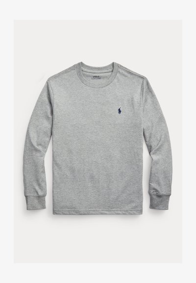 T-shirt gris clair à manches longues et col rond avec logo Polo Ralph Lauren bleu marine brodé sur la poitrine gauche.