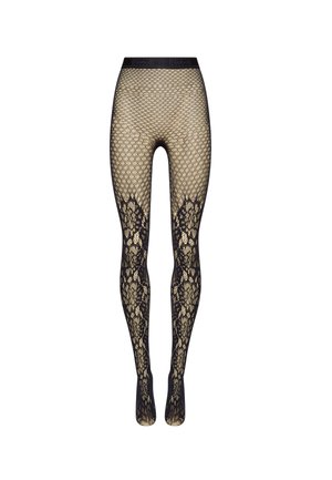 Schwarze und goldene gemusterte Strumpfhosen mit einem Fischernetzdesign und floralen Akzenten von der Mitte des Oberschenkels bis zum Knöchel. Elastischer Bund inklusive.
