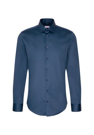 Marineblaue Langarmbluse aus glattem Stoff, mit durchgehender Knopfleiste und dunklen Knöpfen sowie einem klassischen Kragen.