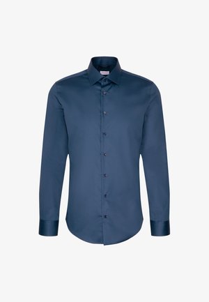 Marineblaue Langarmbluse aus glattem Stoff, mit durchgehender Knopfleiste und dunklen Knöpfen sowie einem klassischen Kragen.