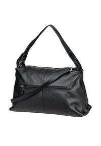 Sac à main en cuir noir avec une poche zippée à l'avant, une bandoulière réglable et un compartiment principal zippé, présenté sur un fond blanc.