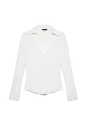 White long-sleeve fitted blouse with collar and button-down front on a plain white background.