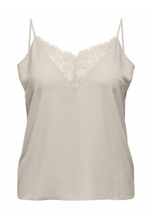 Beige sleeveless camisole with thin straps and lace trim along the V-neckline, made from soft textured fabric.