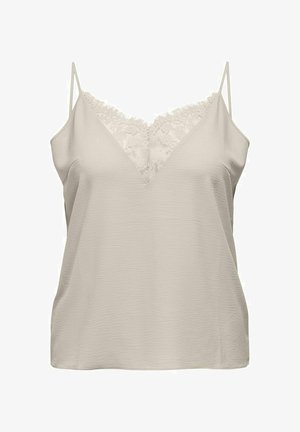 Beżowa bezrękawnikowa koszulka na cienkich ramiączkach z koronkową lamówką przy dekolcie w kształcie litery V, wykonana z miękkiej teksturowanej tkaniny.