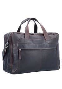 Donkerbruine leren aktetas met twee handvatten aan de bovenkant, een voorvak met rits en subtiele stiksels. Duurzaam en gestructureerd ontwerp.