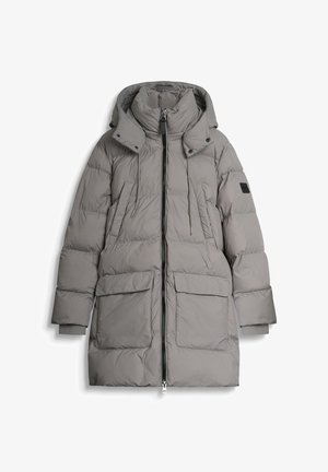 Parka grigia imbottita con cappuccio, chiusura frontale con zip, due grandi tasche a toppa e polsini elasticizzati. Realizzata in tessuto trapuntato con una texture morbida.