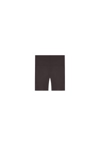 Pantaloni shorts marroni a vita alta in un materiale liscio ed elastico, caratterizzati da un design semplice e una forma aderente, con lunghezza a metà coscia.