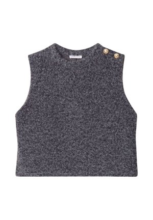 Graues ärmelloses Oberteil aus strukturiertem Stoff, mit rundem Ausschnitt und zwei goldenen Knopfakzenten auf einer Schulter.