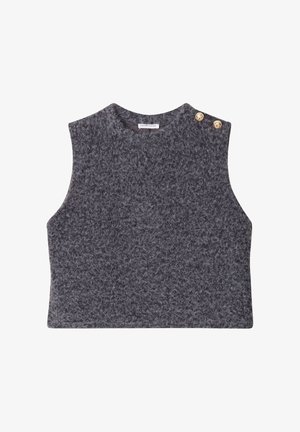 Grijze mouwloze top gemaakt van textuurbstof, met een ronde halslijn en twee gouden knoopaccenten op één schouder.