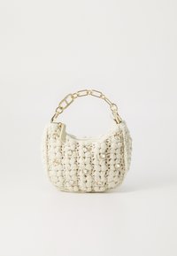 White crocheted handbag with a textured surface, adorned with clear gemstones, featuring a gold chain handle.