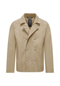 Giacca beige doppiopetto con colletto a revers, maniche lunghe e sei bottoni. Tessuto liscio, vestibilità su misura e design casual.