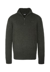 Dunkelgrüner Pullover aus Strickmaterial mit einem Reißverschlusskragen, gerippten Bündchen und Saum sowie einem Logo auf der Brust.