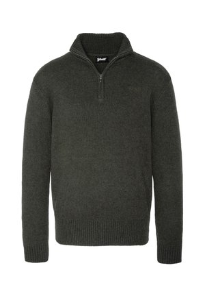 Mørkegrøn pullovertrøje lavet af strikket materiale, med en lynlåsåbning ved kraven, ribbede manchetter og kant, samt et logo på brystet.