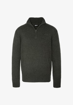 Dunkelgrüner Pullover aus Strickmaterial mit einem Reißverschlusskragen, gerippten Bündchen und Saum sowie einem Logo auf der Brust.