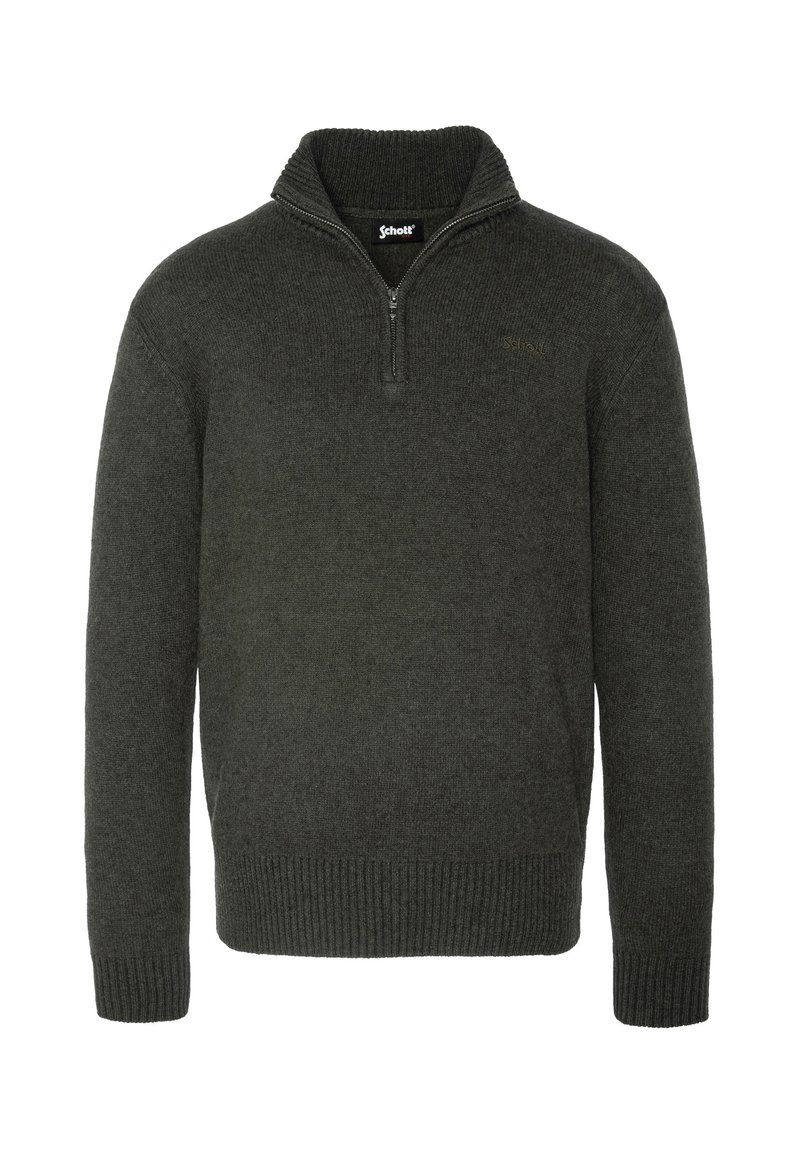 Dunkelgrüner Pullover aus Strickmaterial mit einem Reißverschlusskragen, gerippten Bündchen und Saum sowie einem Logo auf der Brust.