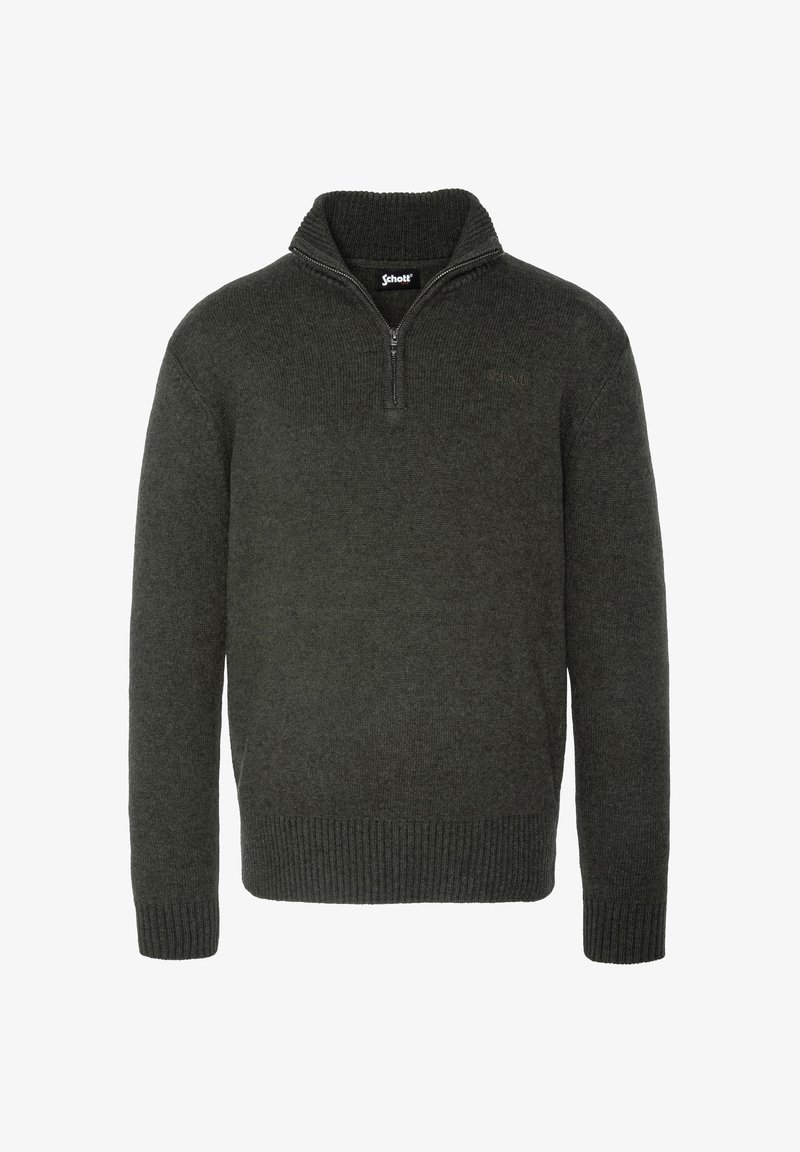 Dunkelgrüner Pullover aus Strickmaterial mit einem Reißverschlusskragen, gerippten Bündchen und Saum sowie einem Logo auf der Brust.