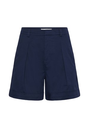 Pantaloncini blu navy su misura con passanti per cintura, pieghe frontali, tasche laterali e orli risvoltati, progettati per una vestibilità a vita media.