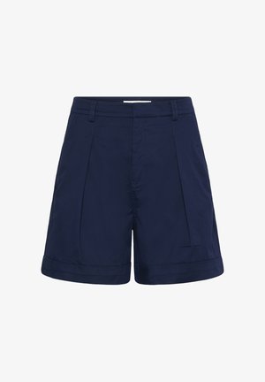 Marineblå skræddersyede shorts med bæltestropper, forreste folder, sidelommer og opbukket kant, designet til en mellemhøj pasform.