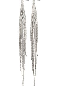 Long, silver earrings made of linked chains. The design features multiple strands hanging down with a smooth finish and polished texture.