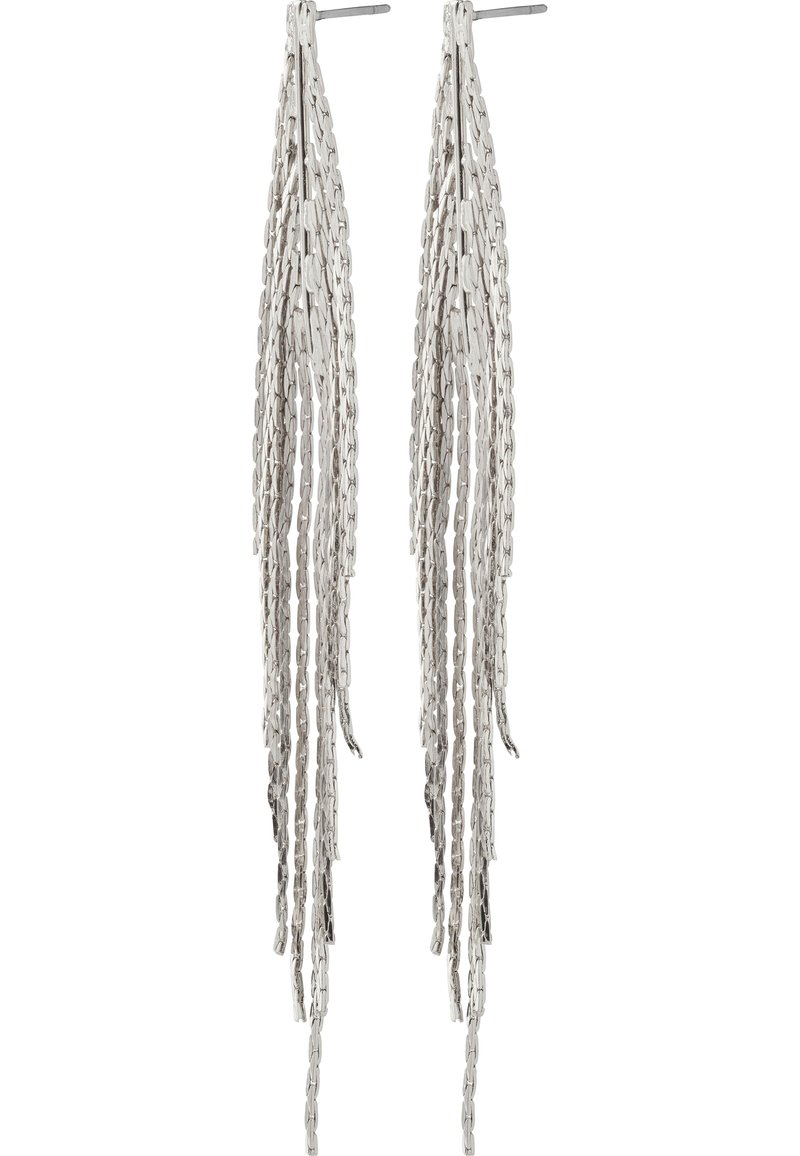 Long, silver earrings made of linked chains. The design features multiple strands hanging down with a smooth finish and polished texture.