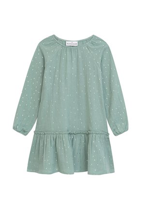 Hellgrünes Kleid mit langen Ärmeln, elastischen Bündchen, einem gerafften Rüschensaum und verstreuten goldenen und weißen rechteckigen Mustern. Aus Baumwollmaterial.