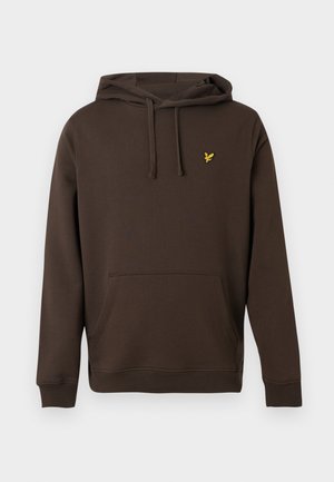 Felpa con cappuccio marrone con tasca frontale e piccolo logo di uccello giallo ricamato sul petto a sinistra.