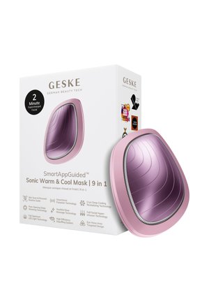 GESKE 9-in-1 Sonic Warm & Cool Masker, roze-paarse apparaat met LED-randen, getoond naast een witte productdoos met technologie- en awardiconen.