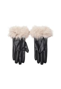 Sorte læderhandsker med beige fluffy pelsmanchetter, placeret side om side på en hvid baggrund.