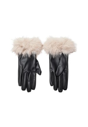 Sorte læderhandsker med beige fluffy pelsmanchetter, placeret side om side på en hvid baggrund.