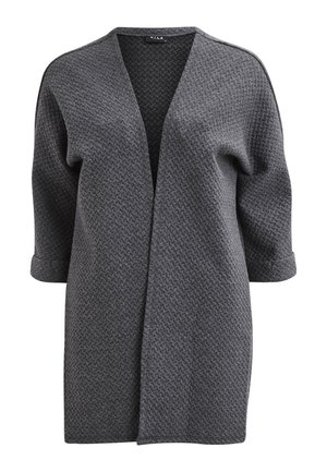 Donkergrijze, gestructureerde open cardigan met driekwart mouwen en een subtiel geweven patroon.
