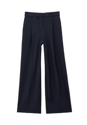 Pantaloni a gamba larga a righe sottili color blu navy, con vita alta, passanti per cintura, cerniera frontale e tasche laterali, mostrati su sfondo bianco.