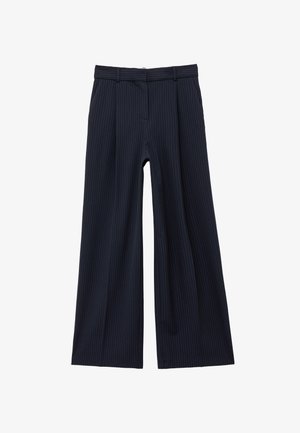 Pantalones anchos de rayas finas azul marino con cinturilla, trabillas para cinturón, cremallera frontal y bolsillos laterales, mostrados sobre un fondo blanco.