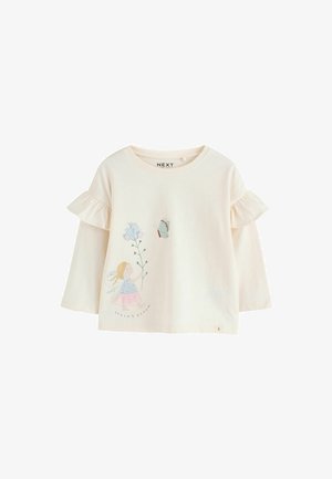 Kremowa koszula z długim rękawem z warstwowymi falbankami przy rękawach, z ilustracją wróżki i kwiatów oraz napisem "Wiosenny Rozkwit" na dole.