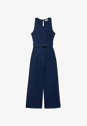 Combinaison bleu marine sans manches avec col rond, jambes larges et ceinture assortie avec boucle circulaire à la taille.