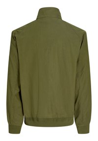 Olive green long-sleeve jacket with a high collar, elastic cuffs, and waistband, shown from the back on a white background.