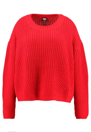 Pull en maille de couleur rouge vif. Il présente un col rond, des épaules落揺ée et un motif texturé. Coupe décontractée avec des manches longues.