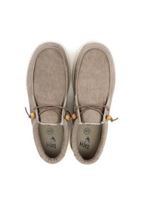 Gray suede slip-on shoes with a rounded toe, elastic laces, and wooden bead accents. Padded collar for comfort. Textured rubber sole.