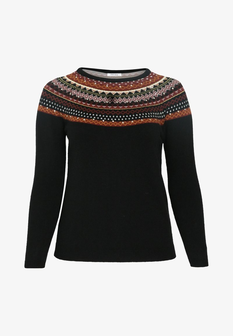 Pull noir à manches longues avec col rond, présentant un motif géométrique multicolore et un motif Fair Isle sur la poitrine et les épaules.