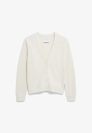 Cream-colored cardigan made of soft material, featuring a V-neck, ribbed texture, five buttons down the front, and long sleeves.