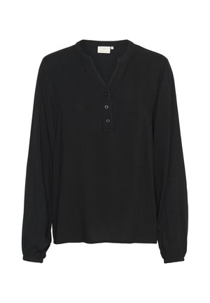 Blouse noire à manches longues avec col en V et trois boutons sur le devant, en tissu texturé et poignets froncés.