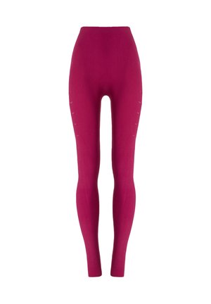 Leggings fucsia realizzati in tessuto elasticizzato con una fascia alta in vita, caratterizzati da una texture liscia e un dettaglio laterale minimale.