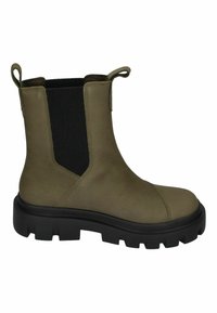 Olijfgroene Chelsea-boots met zwarte elastische zijpanelen en een dikke zwarte profielzool.