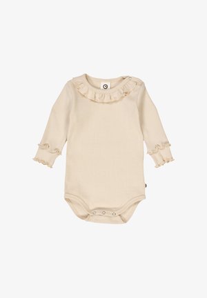Cream-colored long-sleeve bodysuit with ruffle accents at the neckline and sleeve cuffs, featuring snap closures at the bottom.
