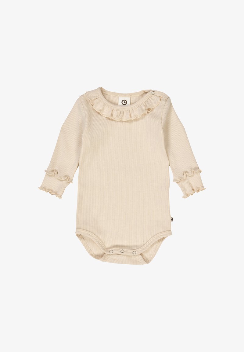 Krémový dlouhý rukáv body s volánovými akcenty na výstřihu a manžetách, se zapínáním na patentky v dolní části.