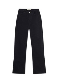 Jeans negro de pierna recta con bolsillos frontales, cierre de botón y cremallera, y etiqueta Trussardi en la cinturilla.